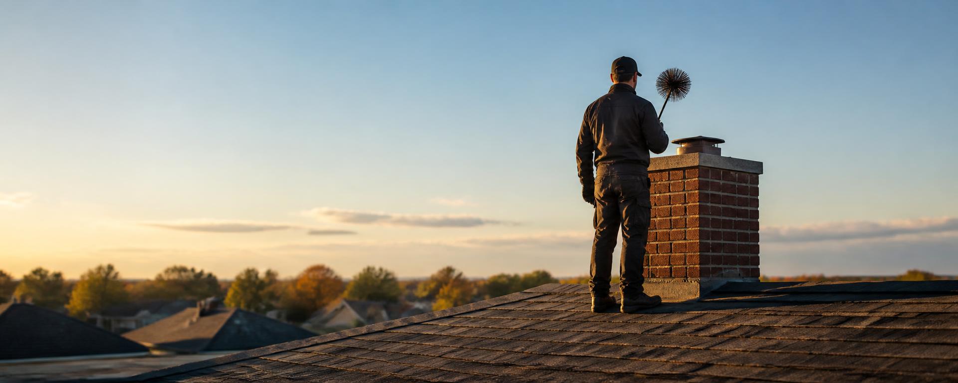 Ramoneur sur le toit d'une maison résidentielle près d'une cheminée en brique, brosse de ramonage à la main